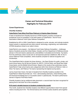 Career and Technical Education Highlights for February 2018