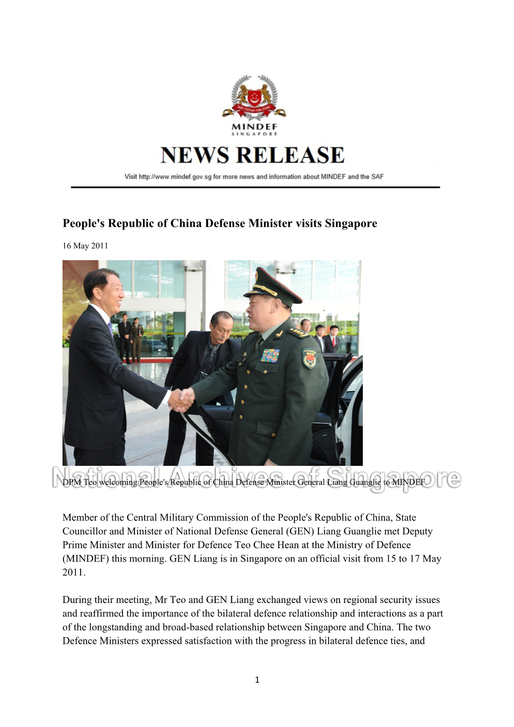 People's Republic of China Defense Minister Visits Singapore