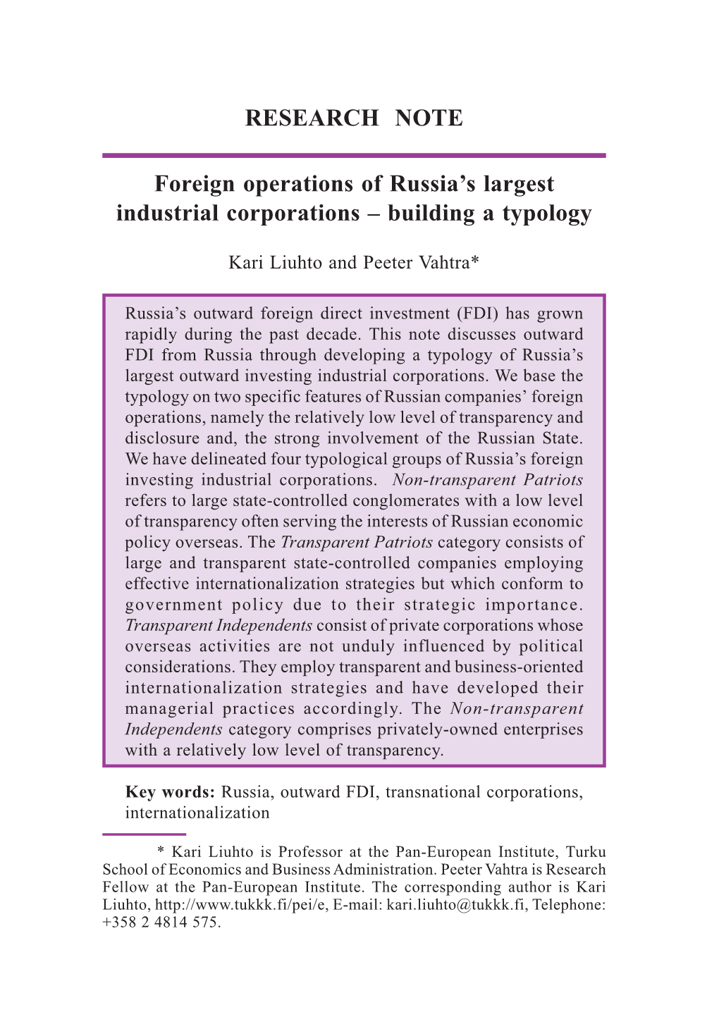 RESEARCH NOTE Foreign Operations of Russia's Largest