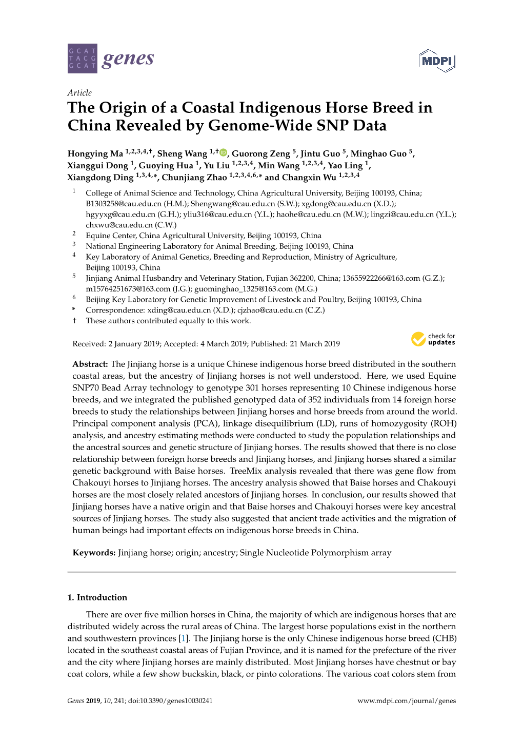 The Origin of a Coastal Indigenous Horse Breed in China Revealed by Genome-Wide SNP Data