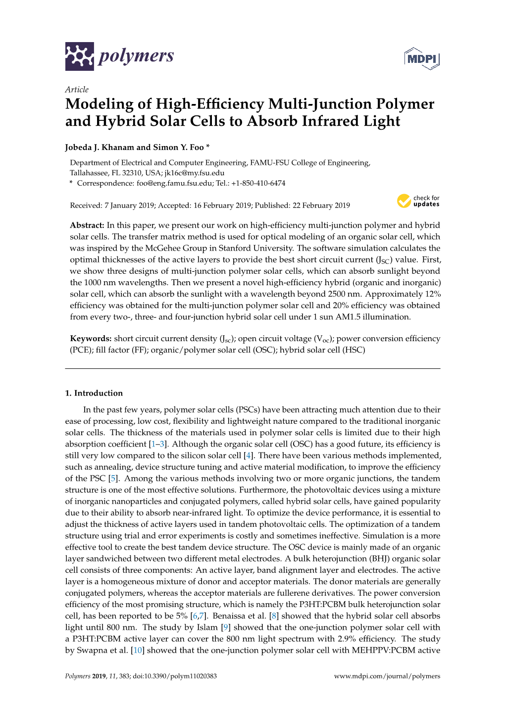 Modeling of High-Efficiency Multi-Junction Polymer and Hybrid