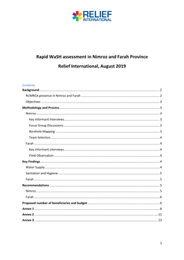 Rapid Wash Assessment in Nimroz and Farah Province Relief International, August 2019