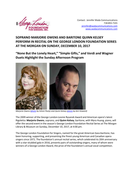 Soprano Marjorie Owens and Baritone Quinn Kelsey Perform in Recital on the George London Foundation Series at the Morgan on Sunday, December 10, 2017