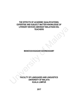 The Effects of Academic Qualifications, Expertise and Subject Matter Knowledge of Literary Devices Amongst Malaysian Esl Teachers