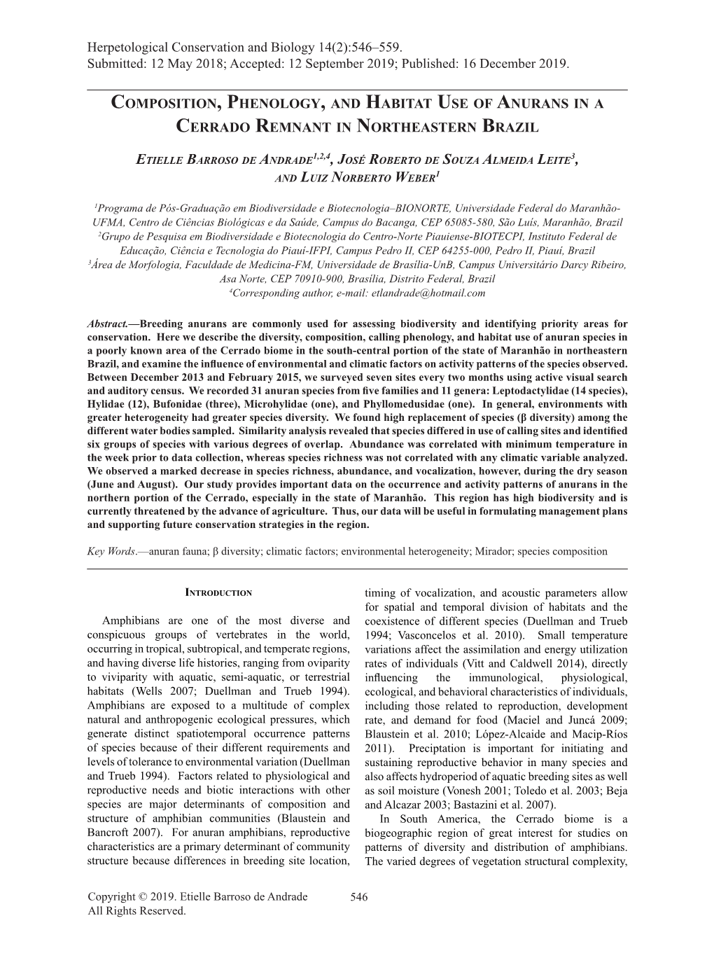 Composition, Phenology, and Habitat Use of Anurans in a Cerrado Remnant in Northeastern Brazil