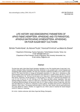 Life History and Demographic Parameters of Aphis Fabae