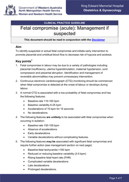 Fetal Compromise (Acute): Management If Suspected This Document Should Be Read in Conjunction with the Disclaimer