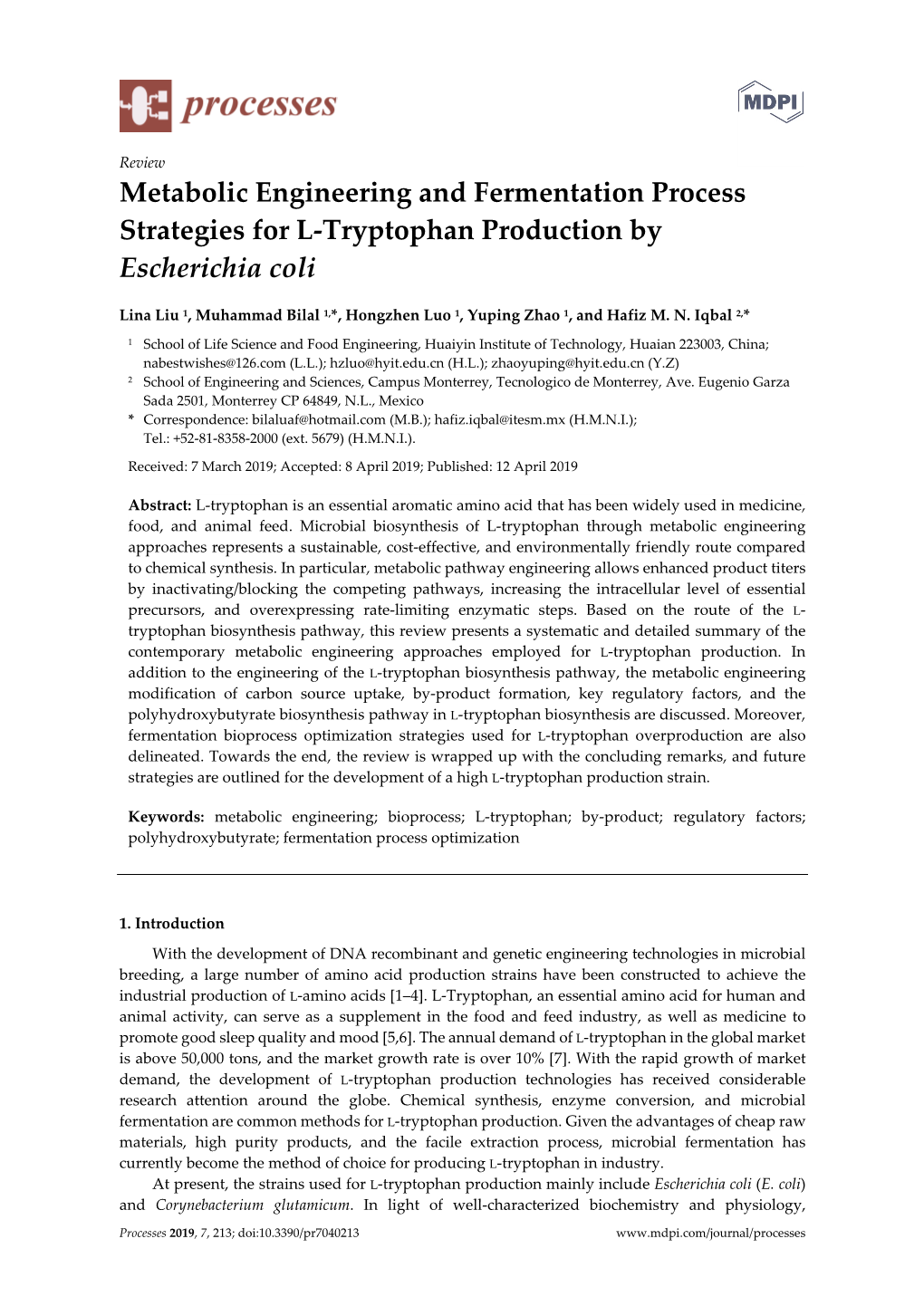 Metabolic Engineering and Fermentation Process Strategies for L-Tryptophan Production by Escherichia Coli