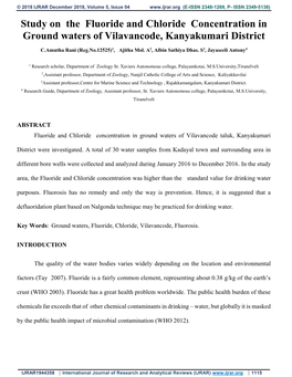 Study on the Fluoride and Chloride Concentration in Ground Waters of Vilavancode, Kanyakumari District