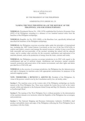 Administrative Order No. 29 Naming the West Philippine Sea of The