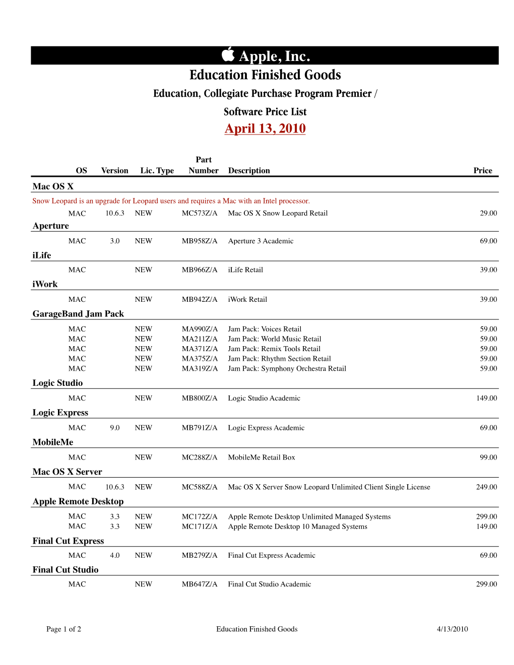 Apple, Inc. Education Finished Goods Education, Collegiate Purchase Program Premier / Software Price List April 13, 2010