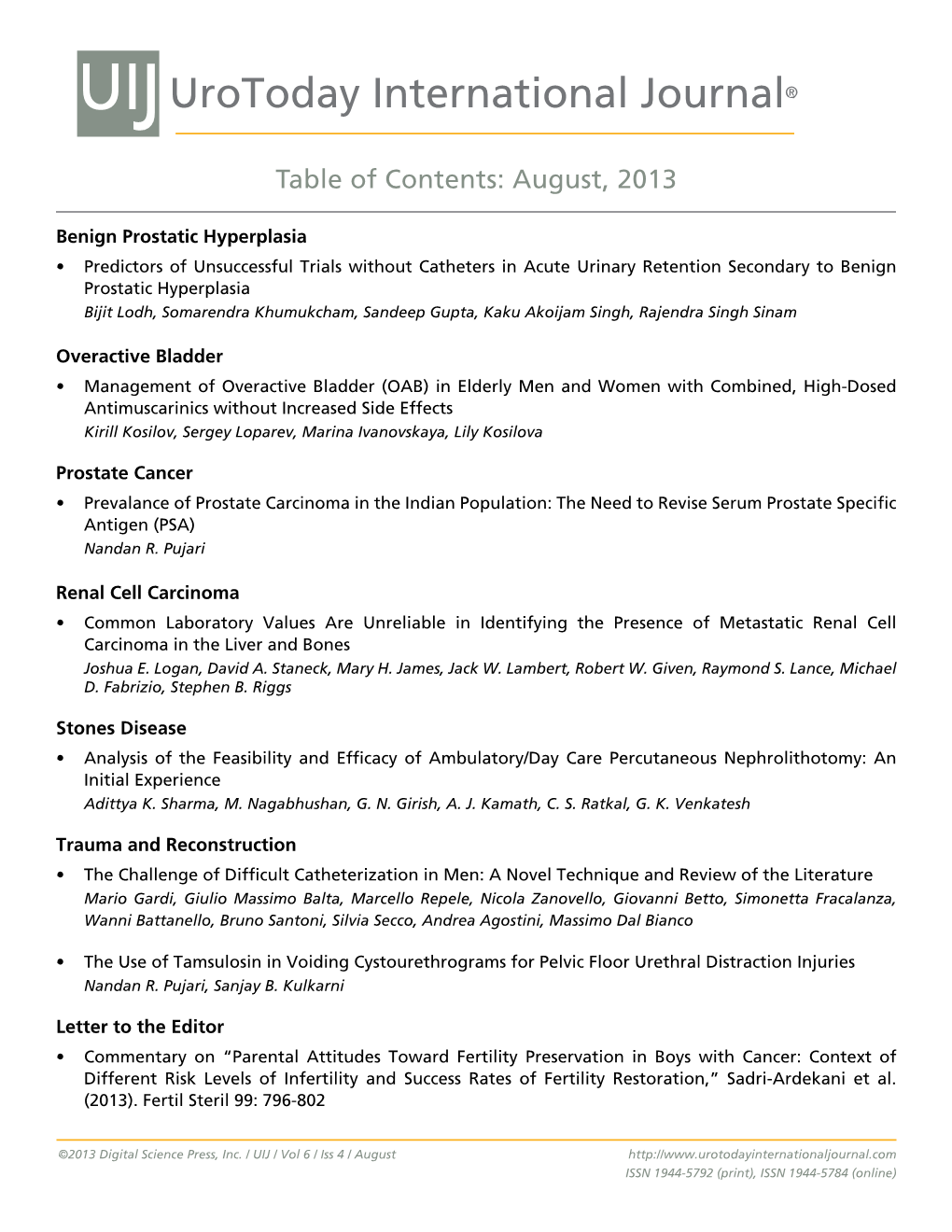 UIJ Urotoday International Journal® Table of Contents: August, 2013