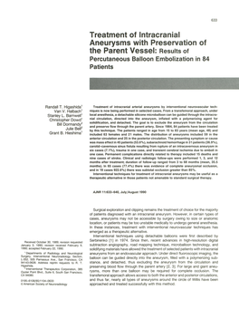 Treatment of Intracranial Aneurysms with Preservation of the Parent Vessel: Results of Percutaneous Balloon Embolization in 84 Patients