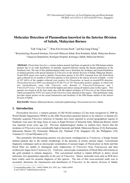 Molecular Detection of Plasmodium Knowlesi in the Interior Division of Sabah, Malaysian Borneo