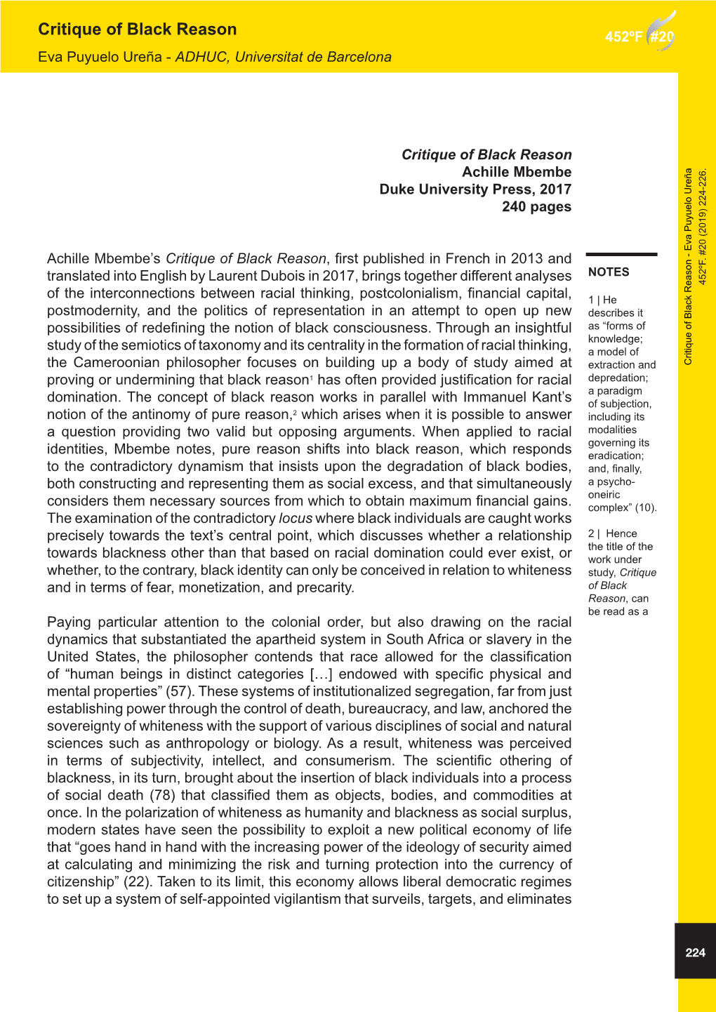 Critique of Black Reason 452ºF #20 Eva Puyuelo Ureña - ADHUC, Universitat De Barcelona