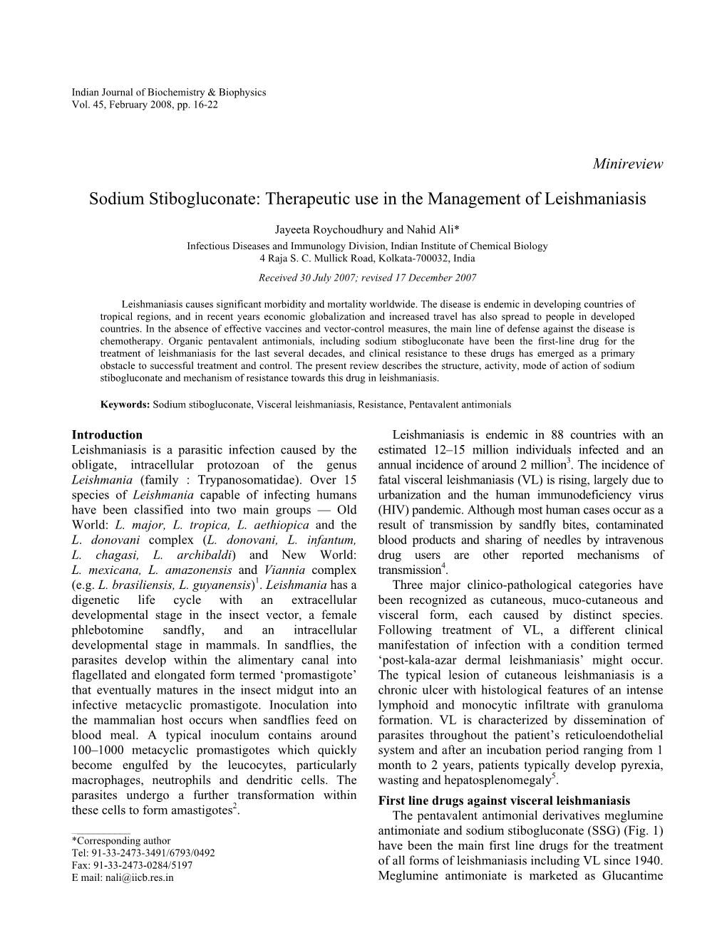 Sodium Stibogluconate: Therapeutic Use in the Management of Leishmaniasis