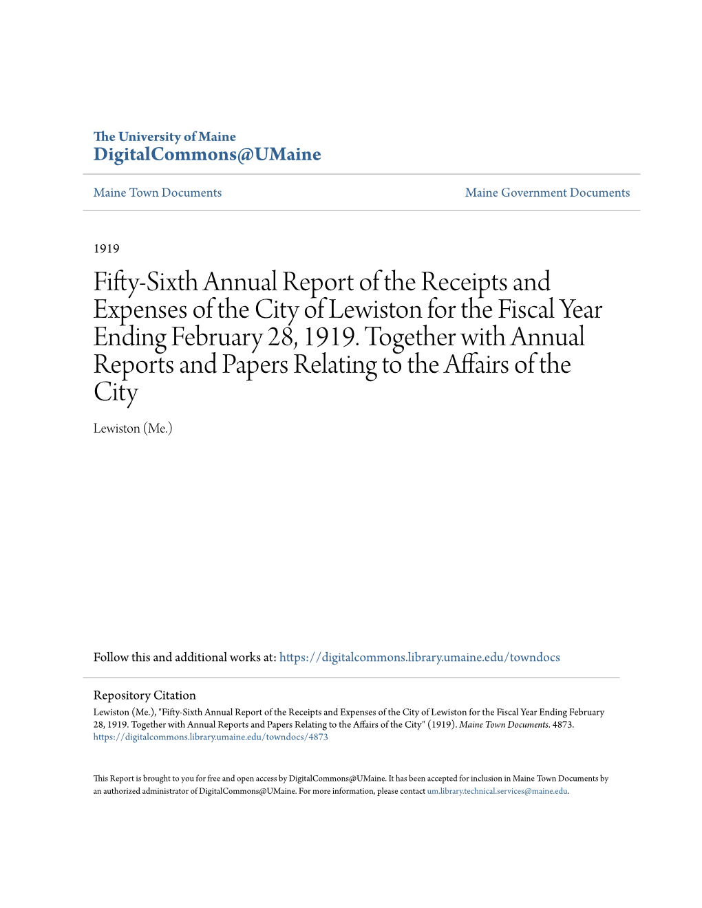 Fifty-Sixth Annual Report of the Receipts and Expenses of the City of Lewiston for the Fiscal Year Ending February 28, 1919