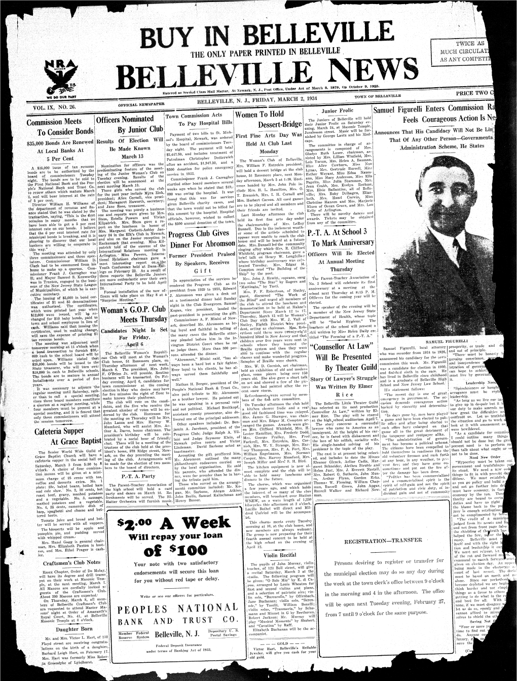 BUY in BELLEVILLE TWICE AS the ONLY PAPER PRINTED in BELLEVILLE MUCH CIRCULAT BELLEVILLE NEWS AS ANY COMPETITI PRICE TWO Q TOWN of BELLEVILLE BELLEVILLE, N