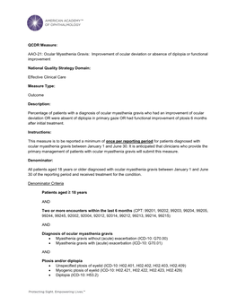 QCDR Measure: AAO-21: Ocular Myasthenia Gravis: Improvement Of