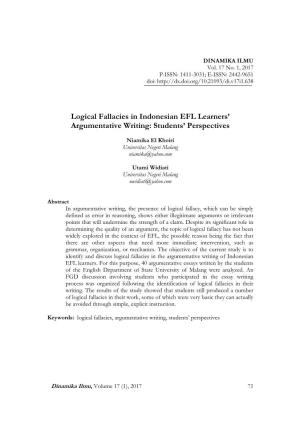 Logical Fallacies in Indonesian EFL Learners' Argumentative Writing