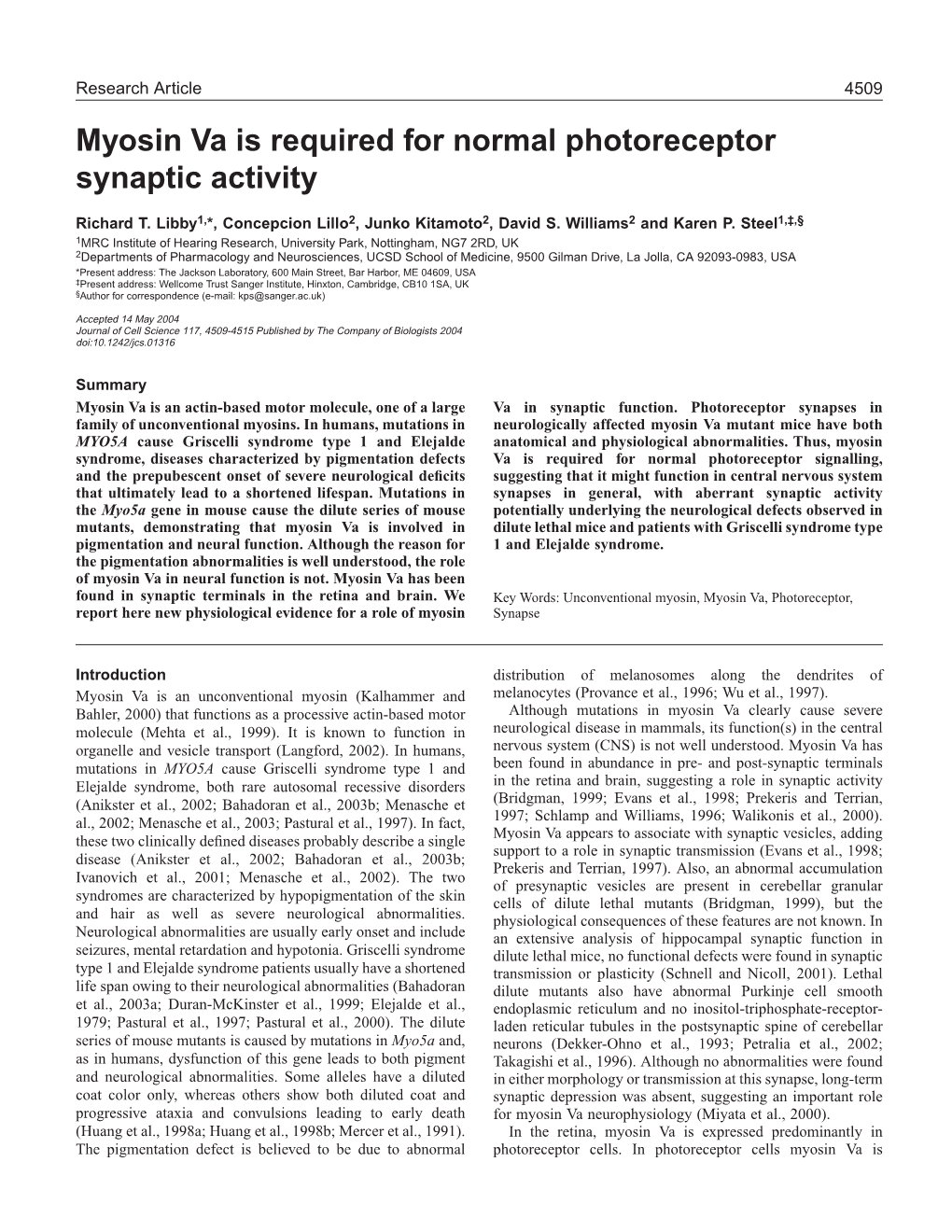Myosin Va Is Required for Normal Photoreceptor Synaptic Activity