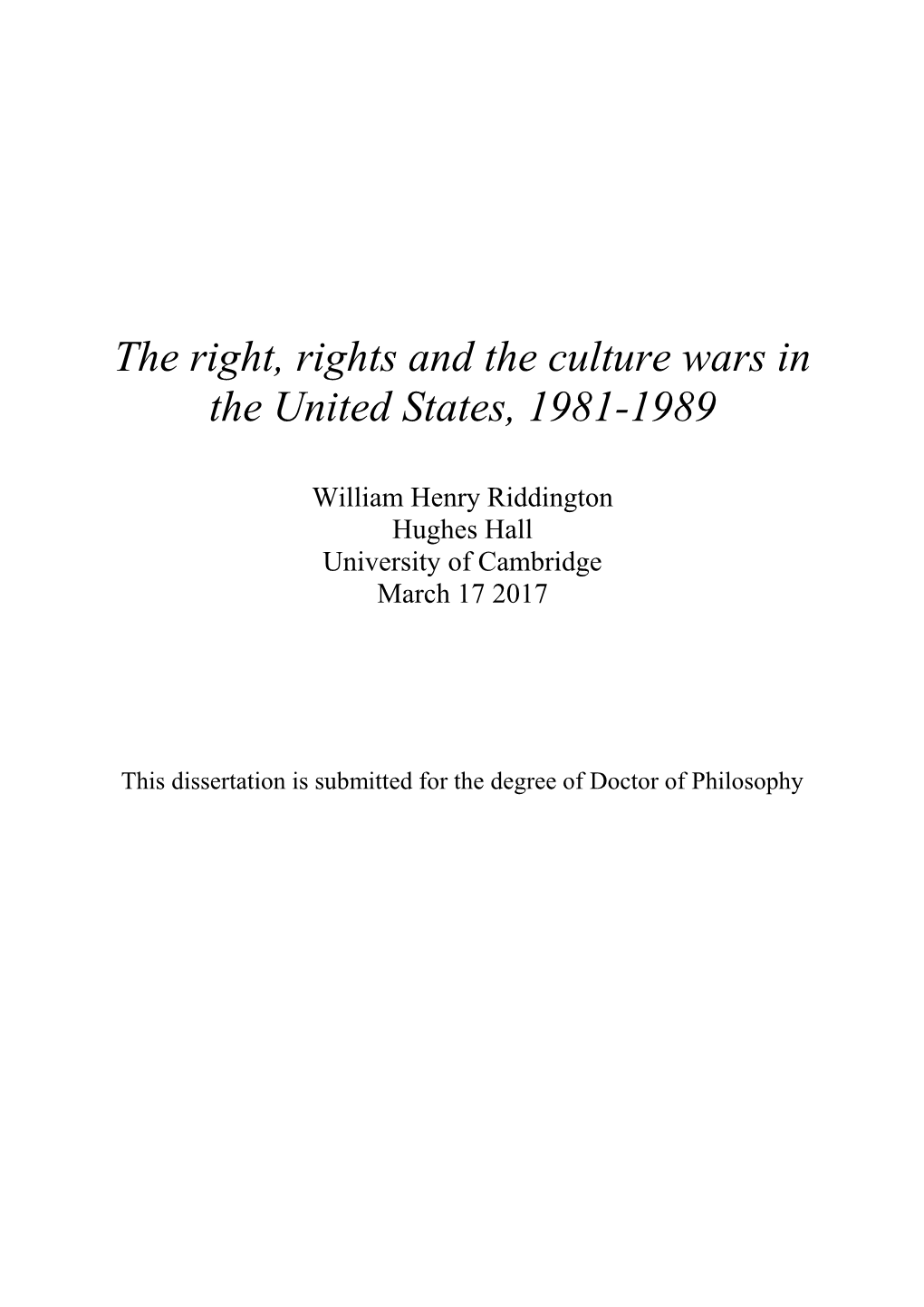 The Right, Rights and the Culture Wars in the United States, 1981-1989