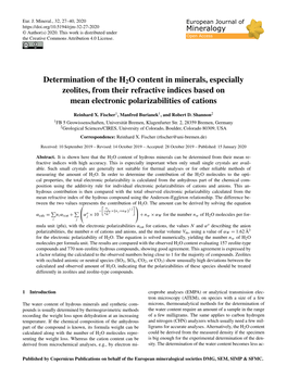 Determination of the H2O Content in Minerals, Especially Zeolites, from Their Refractive Indices Based on Mean Electronic Polarizabilities of Cations