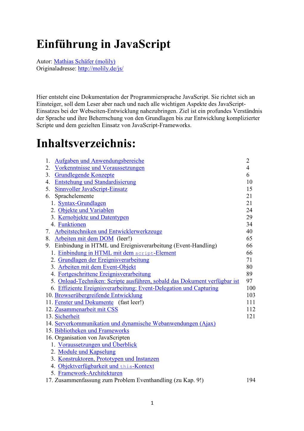 Einführung in Javascript Inhaltsverzeichnis