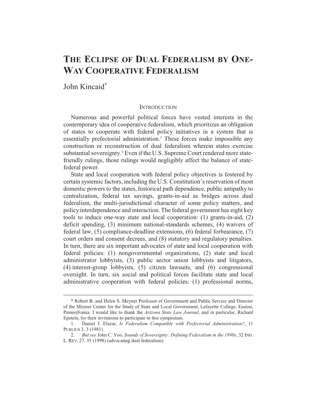 The Eclipse of Dual Federalism by One-Way Cooperative Federalism