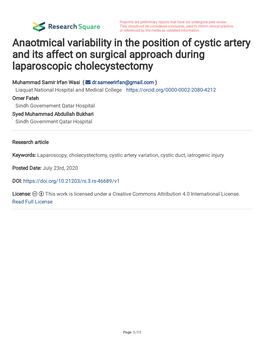 Anaotmical Variability in the Position of Cystic Artery and Its Affect on Surgical Approach During Laparoscopic Cholecystectomy