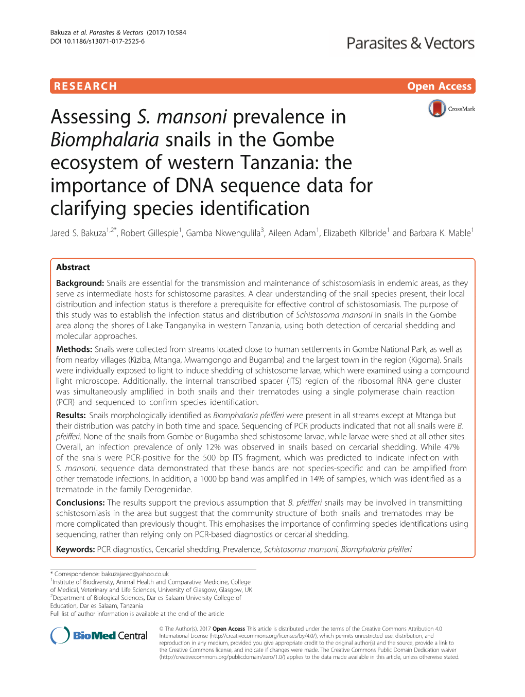 Assessing S. Mansoni Prevalence in Biomphalaria Snails in the Gombe Ecosystem of Western Tanzania