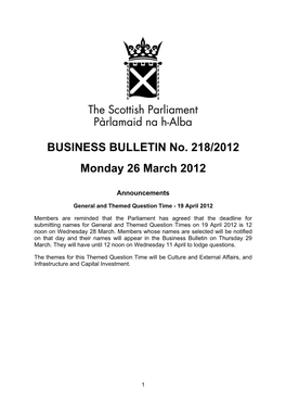 BUSINESS BULLETIN No. 218/2012 Monday 26 March 2012