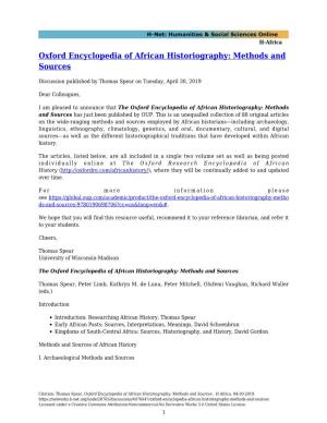 Oxford Encyclopedia of African Historiography: Methods and Sources