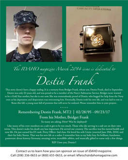 Destin Frank, Died in September
