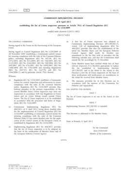 Commission Implementing Decision of 8 April 2013 Establishing the List of Union Inspectors Pursuant to Article 79(1)