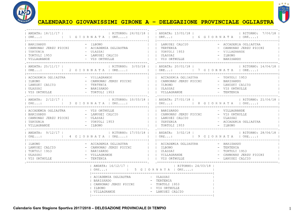 Calendario Giovanissimi Girone a – Delegazione Provinciale Ogliastra