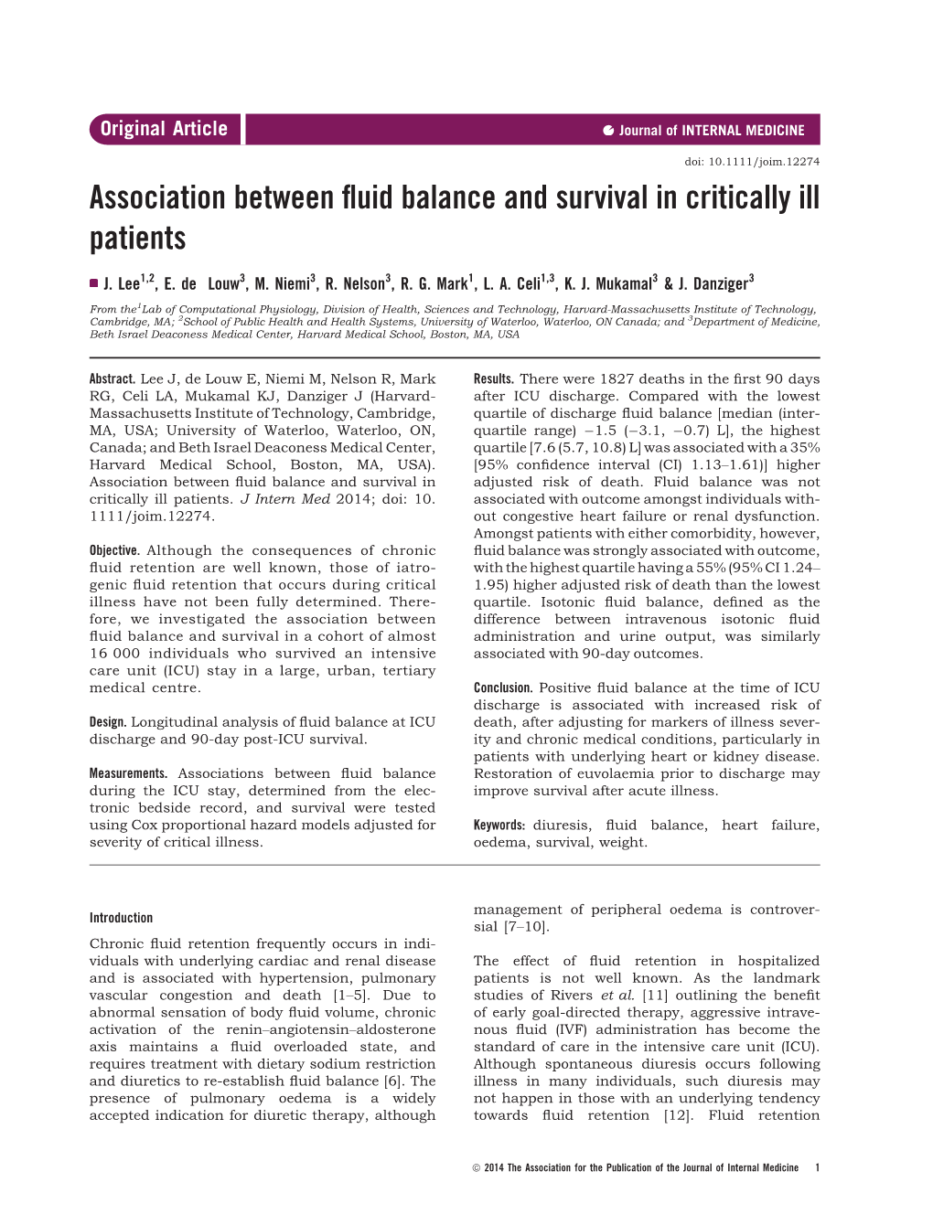 Association Between Fluid Balance and Survival in Critically Ill Patients