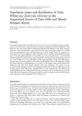 Population Status and Distribution of Taita White-Eye Zosterops Silvanus in the Fragmented Forests of Taita Hills and Mount Kasigau, Kenya