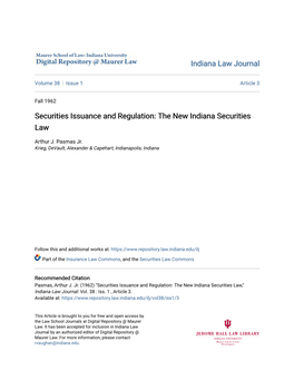 Securities Issuance and Regulation: the New Indiana Securities Law