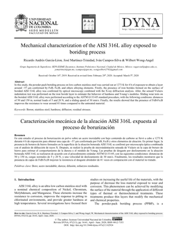 Mechanical Characterization of the AISI 316L Alloy Exposed to Boriding Process• Caracterización Mecánica De La Aleación