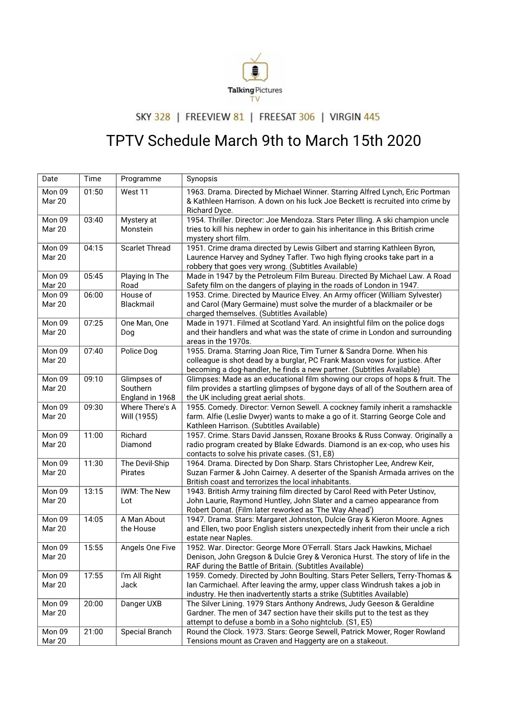 TPTV Schedule March 9Th to March 15Th 2020