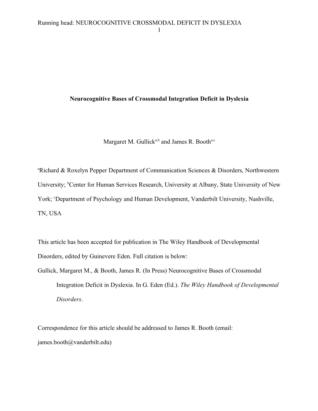 Running Head: NEUROCOGNITIVE CROSSMODAL DEFICIT in DYSLEXIA 1