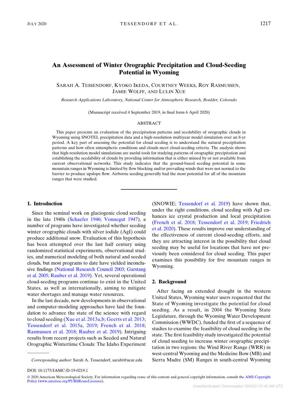 An Assessment of Winter Orographic Precipitation and Cloud-Seeding Potential in Wyoming