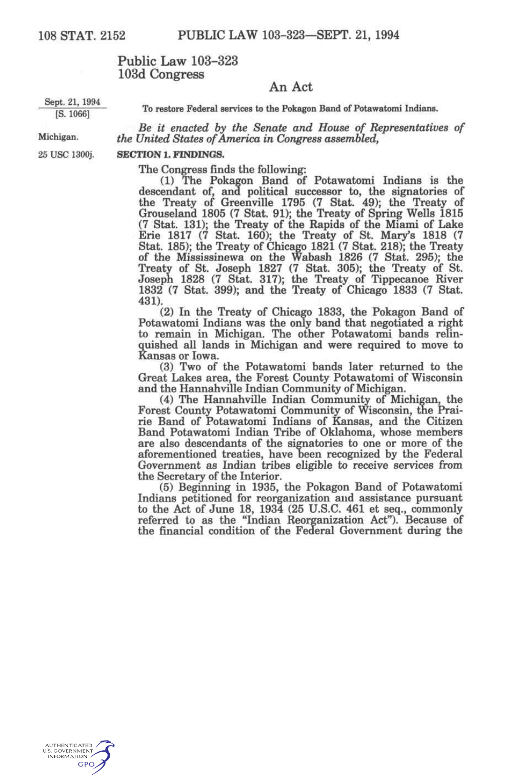 108 STAT. 2152 PUBLIC LAW 103-323—SEPT. 21, 1994 Public Law 103-323 103D Congress an Act Sept