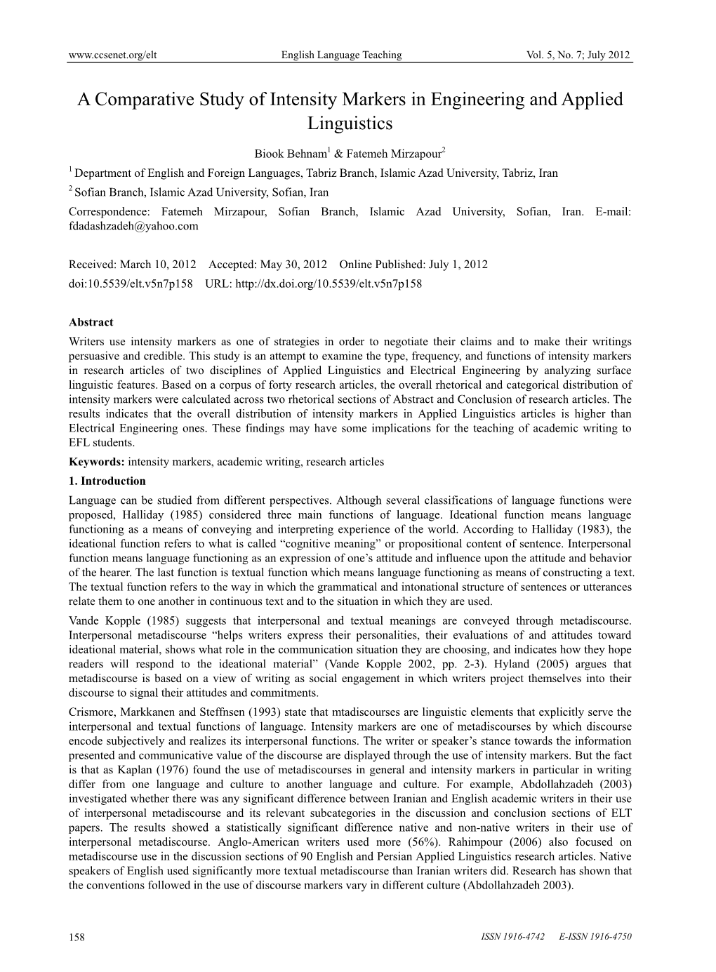 A Comparative Study of Intensity Markers in Engineering and Applied Linguistics