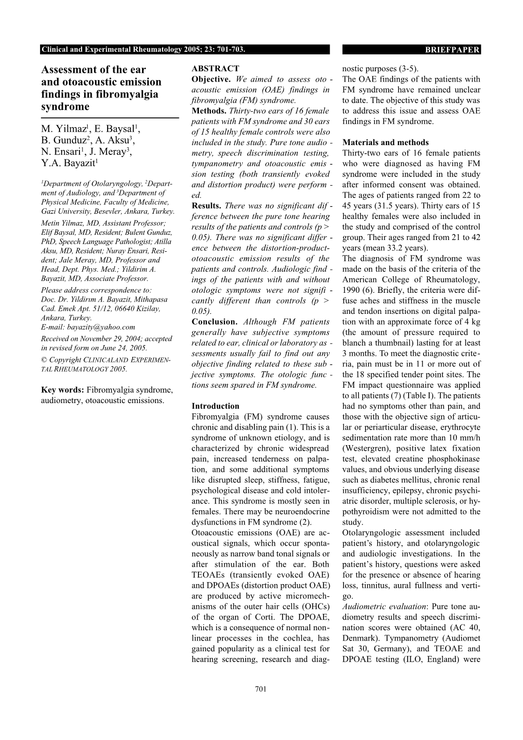 Assessment of the Ear and Otoacoustic Emission Findings in Fibromyalgia Syndrome