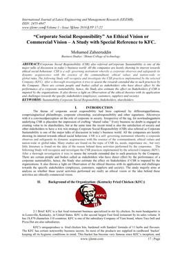 Corporate Social Responsibility” an Ethical Vision Or Commercial Vision – a Study with Special Reference to KFC