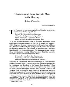 Thrinakia and Zeus' Ways to Men in the Odyssey Rainer Friedrich