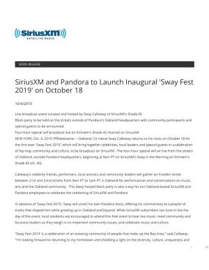 Siriusxm and Pandora to Launch Inaugural 'Sway Fest 2019' on October 18