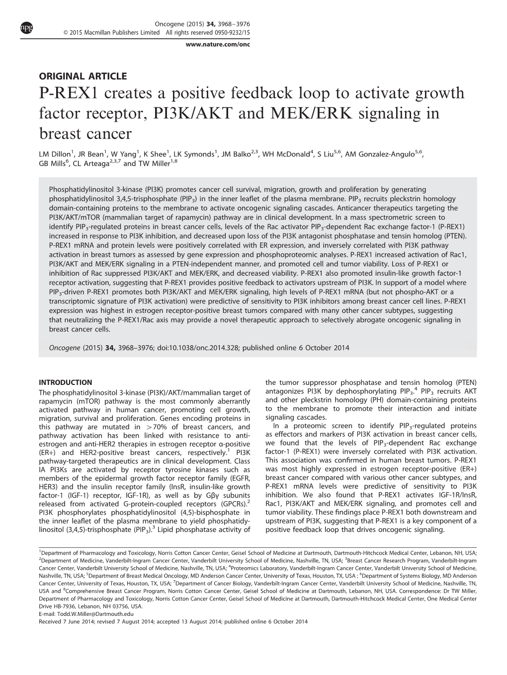 P-REX1 Creates a Positive Feedback Loop to Activate Growth Factor Receptor, PI3K/AKT and MEK/ERK Signaling in Breast Cancer